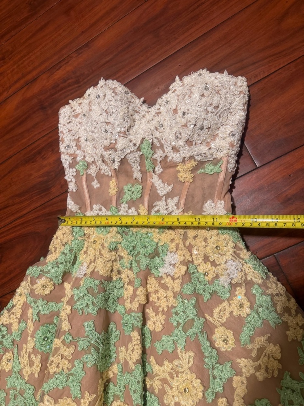 Sherri Hill Strapless Floral Appliqué Cocktail Dress in Blush, Yellow & Mint - Picture 8 of 15
